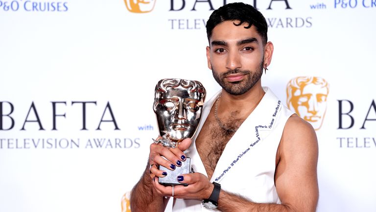 Mawaan Rizwan in the press room after winning the Male Performance in a Comedy award for Juice at the 2024 BAFTA TV Awards at the Royal Festival Hall in London.  Photo date: Sunday, May 12, 2024. PA photo.  See the PA SHOWBIZ Bafta story.  Photo credit should be: Ian West/PA Wire