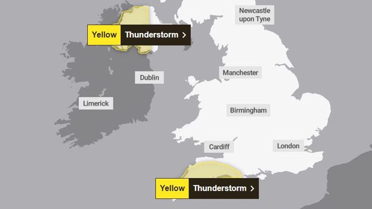 Yellow weather warnings for thunderstorms are in place for south-west England and Northern Ireland until 9pm on Tuesday. Pic: Met Office