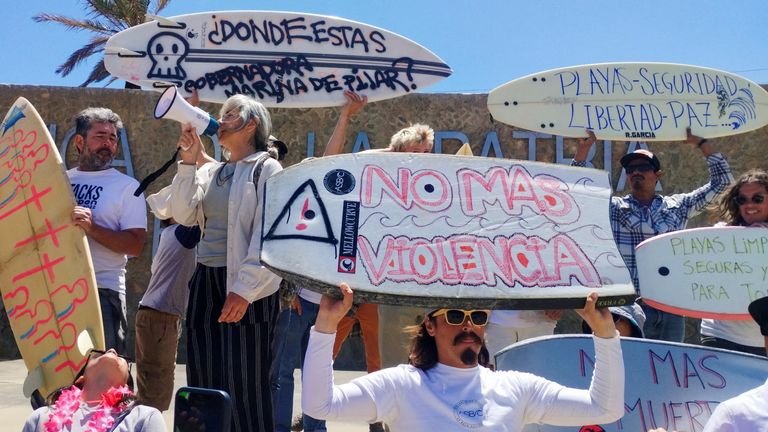 Surfers protested over what they say is the dangerous situation in Baja California state. Pic: Reuters