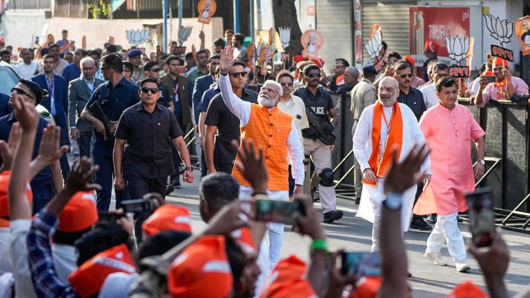 Narendra Modi arrived to cheering crowds. Pic: AP
