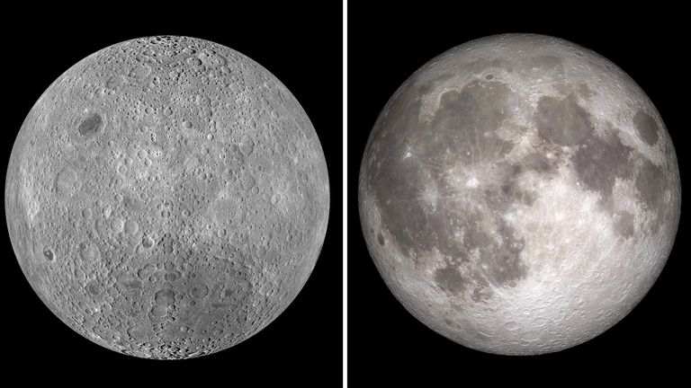 The moon&#39;s hidden side (L) compared to the side we see regularly (R). Pics: NASA
