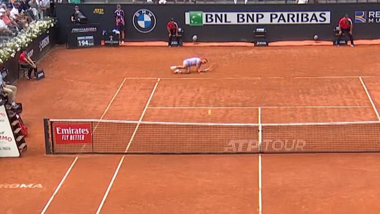  Moment Rafael Nadal fell over during a point but still managed to win