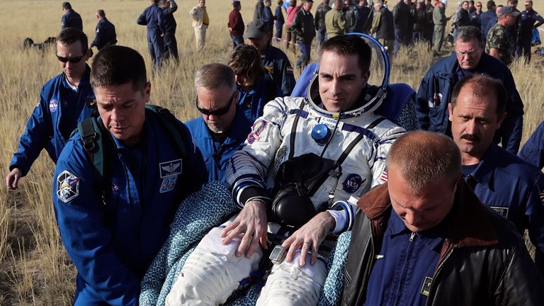 US astronaut Chris Cassidy is carried shortly after landing in Kazakhstan after 166 days on the International Space Station. Pic: AP