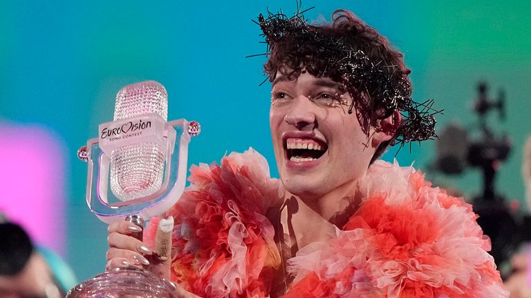 Nemo of Switzerland, who performed the song The Code, celebrates after winning the Grand Final of the Eurovision Song Contest in Malmo, Sweden, Sunday, May 12, 2024. (AP Photo/Martin Meissner)