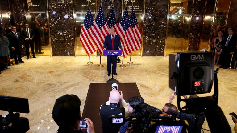 Donald Trump holds a news conference. Pic: Reuters
