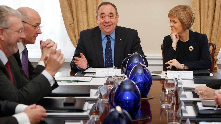 First Minister Alex Salmond with First Minister-in-waiting Nicola Sturgeon, as he chairs his final cabinet meeting as First Minister at Bute House in Edinburgh, ahead of resigning in a statement to Holyrood later on today.