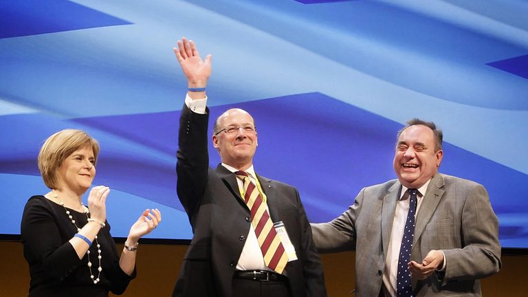 Left to right. Deputy First Minister Nicola Sturgeon, MSP John Swinney and First Minister Alex Salmond during the last day of the 77th Scottish National Party annual conference at the Eden Court Theatre in Inverness.