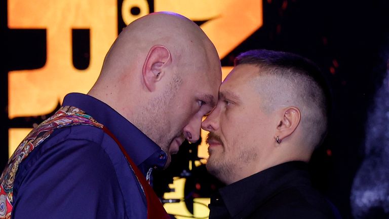 Boxing - Tyson Fury v Oleksandr Usyk - Press Conference - HERE at Outernet, London, Britain - November 16, 2023 Oleksandr Usyk and Tyson Fury face off during the press conference Action Images via Reuters/Andrew Couldridge