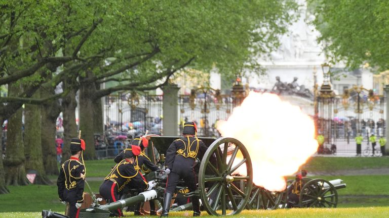 The King&#39;s Troop Royal Horse Artillery fire a 41 Gun Royal Salute in Green Park, London, to mark the first anniversary of the Coronation of King Charles III and Queen Camilla. Picture date: Monday May 6, 2024.
