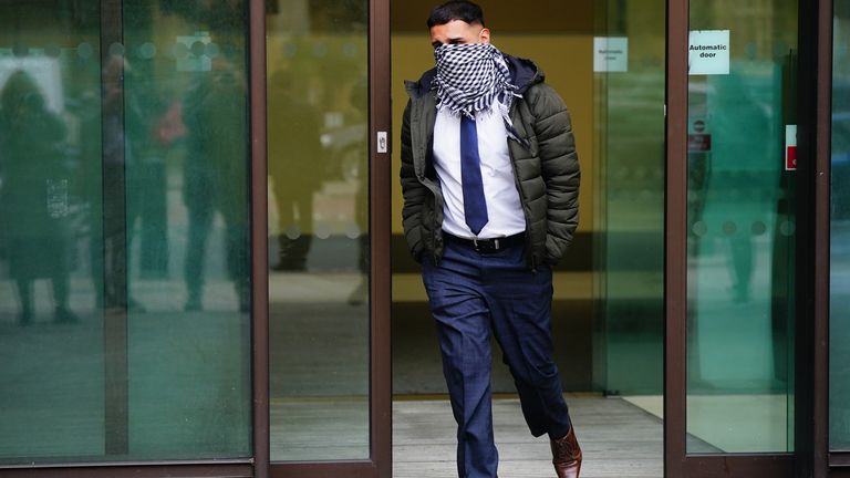 West Yorkshire Police officer Mohammed Adil, 26, leaving Westminster Magistrates' Court, central London, after he admitted two counts of publishing an image in support of banned organisation Hamas, namely a Hamas fighter wearing a Hamas headband. Picture date: Thursday May 2, 2024.
