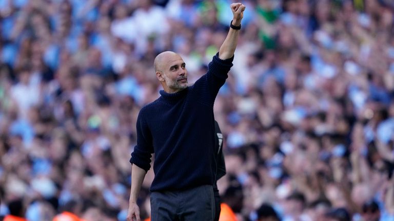 Manchester City's head coach Pep Guardiola wining a fourth Premier League in a row. Pic: AP