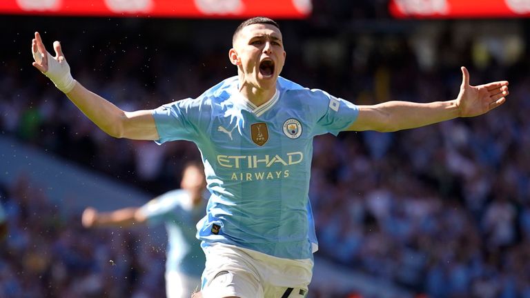 Manchester City&#39;s Phil Foden celebrates after scoring his side&#39;s opening goal. Pic: AP