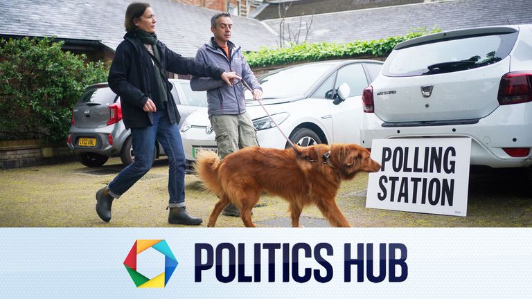 Cinna, an 8-year-old rescue dog from Greece, arrives with owners to the polling station at St Alban's Church, south London. Picture date: Thursday May 2, 2024. PA Photo. See PA story POLITICS Elections. Photo credit should read: Yui Mok/PA Wire