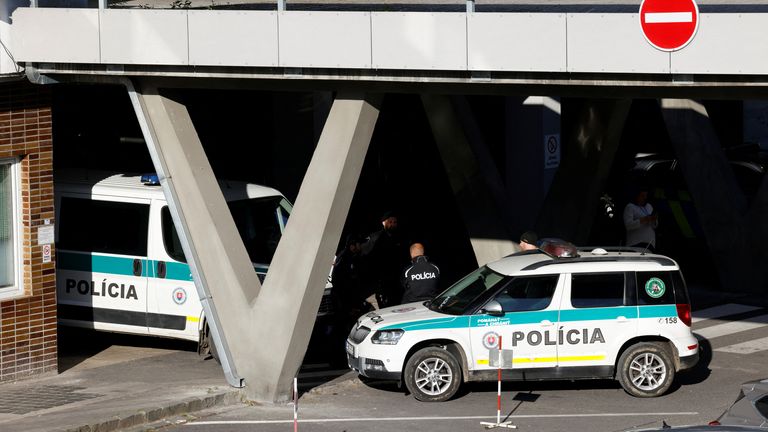 Pic: Reuters
Police vehicles are parked outside F.D. Roosevelt University Hospital where Slovak Prime Minister Robert Fico was taken after a shooting incident in Handlova, in Banska Bystrica, Slovakia, May 16, 2024. REUTERS/Leonhard Foeger