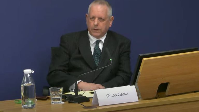 Simon Clarke is shown giving evidence. Pic: Post Office Horizon IT Inquiry