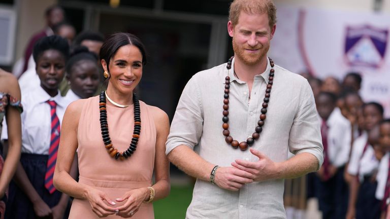 Pic: AP
Prince Harry and Meghan visit children at the Lights Academy in Abuja, Nigeria, Friday, May 10, 2024.  Prince Harry and his wife Meghan have arrived in Nigeria to champion the Invictus Games, which he founded to aid the rehabilitation of wounded and sick servicemembers and veterans. (AP Photo/Sunday Alamba)