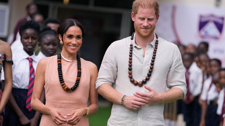 Pic: AP
Prince Harry and Meghan visit children at the Lights Academy in Abuja, Nigeria, Friday, May 10, 2024.  Prince Harry and his wife Meghan have arrived in Nigeria to champion the Invictus Games, which he founded to aid the rehabilitation of wounded and sick servicemembers and veterans. (AP Photo/Sunday Alamba)