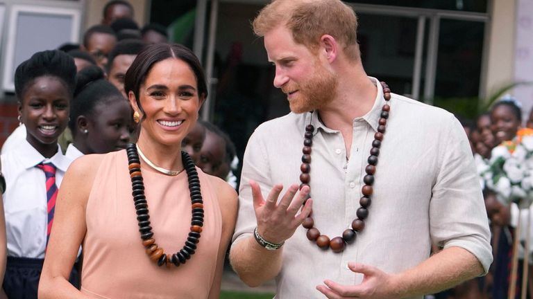 Pic: AP
Prince Harry and Meghan visit children at the Lights Academy in Abuja, Nigeria, Friday, May 10, 2024.  Prince Harry and his wife Meghan have arrived in Nigeria to champion the Invictus Games, which he founded to aid the rehabilitation of wounded and sick servicemembers and veterans. (AP Photo/Sunday Alamba)