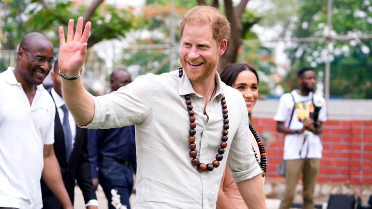 Pic: AP
Prince Harry and Meghan visit children at the Lights Academy in Abuja, Nigeria, Friday, May 10, 2024.  Prince Harry and his wife Meghan have arrived in Nigeria to champion the Invictus Games, which he founded to aid the rehabilitation of wounded and sick servicemembers and veterans. (AP Photo/Sunday Alamba)