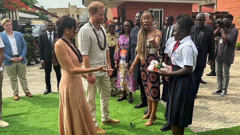 Pic: Reuters
Britain&#39;s Prince Harry, Duke of Sussex and his wife Meghan, Duchess of Sussex, arrive to meet students at the Lightway Academy up on their arrival in Abuja, Nigeria, May 10, 2024. REUTERS/ Abraham Achirga