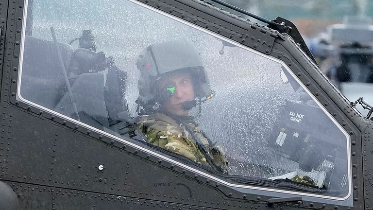 Pic: PA
The Prince of Wales, in his new role as Colonel-in-Chief of the Army Air Corps, sits in the front seat of an Apache attack helicopter after he was officially passed the role from King Charles III during their visit to the Army Aviation Centre at Middle Wallop, Hampshire. Picture date: Monday May 13, 2024.