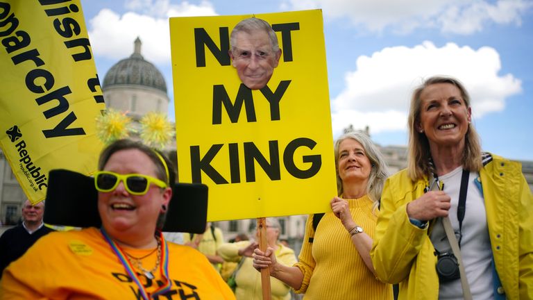 People take part in a rally by anti-monarchy pressure group Republic in Trafalgar Square, London, ahead of the first anniversary of the coronation of King Charles III. Picture date: Sunday May 5, 2024.