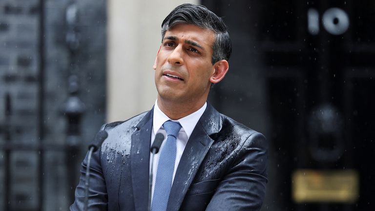 Rishi Sunak gives a speech calling for a general election, outside 10 Downing Street