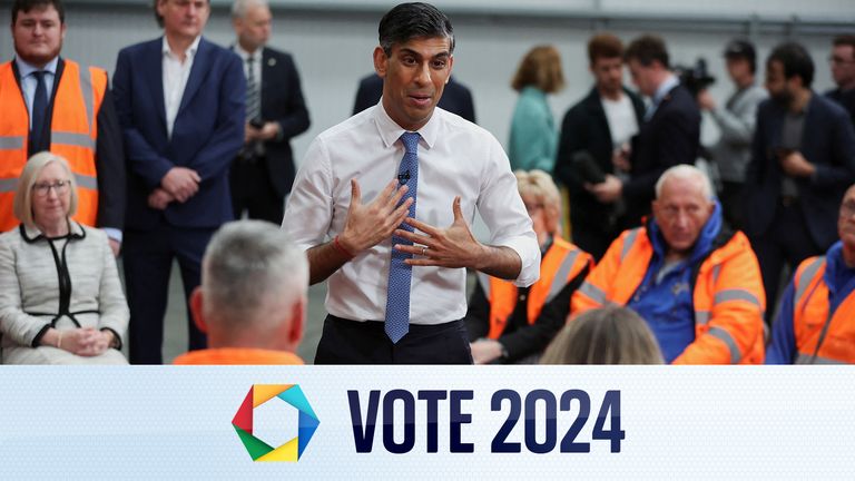 British Prime Minister Rishi Sunak speaks with staff at a transport distribution centre in Ilkeston, Britain, May 23, 2024. REUTERS/Phil Noble.