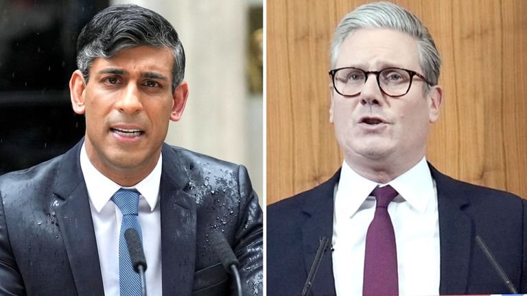 Rishi Sunak and Keir Starmer during their respective speeches.
Pic: Reuters/PA