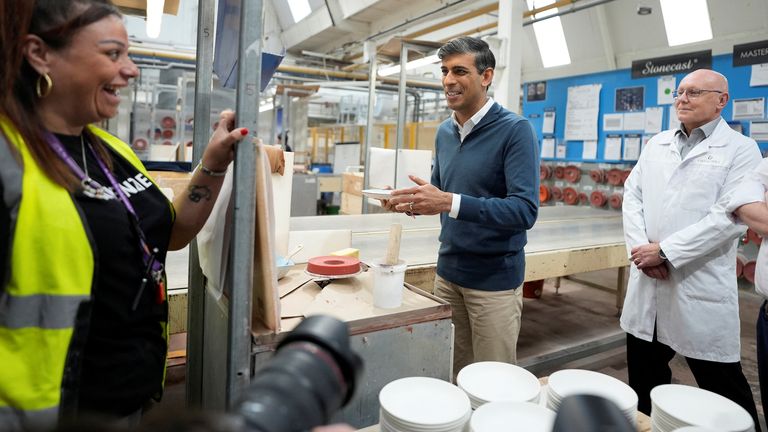 Rishi Sunak visits a ceramic manufacturing plant. Pic: Reuters