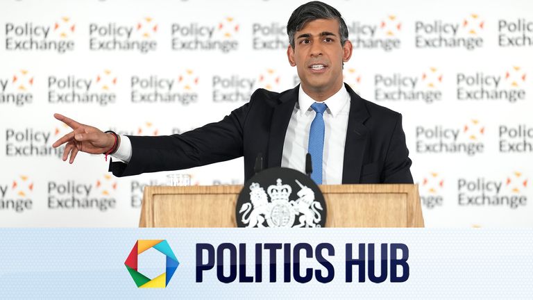 Pic: Carl Court/PA 

Prime Minister Rishi Sunak delivers a keynote address at the Policy Exchange think tank in central London, telling voters they face a "stark choice" at the national vote later this year, and that he is the one who can keep them safe while realising Britain's opportunities. Picture date: Monday May 13, 2024. PA Photo. See PA story POLITICS Tories. Photo credit should read: Carl Court/PA Wire