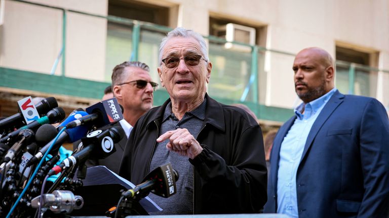 Actor Robert De Niro speaks during a news conference outside the court where former U.S. President Donald Trump during Trump's criminal trial on charges that he falsified business records to conceal money paid to silence porn star Stormy Daniels in 2016, in Manhattan state court New York City, U.S., May 28, 2024. REUTERS/Brendan McDermid
