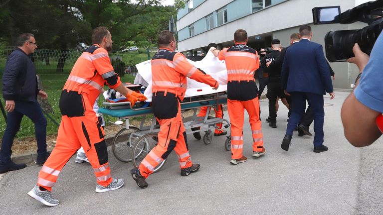 Pic: AP
Rescue workers take Slovak Prime Minister Robert Fico, who was shot and injured, to a hospital in the town of Banska Bystrica, central Slovakia, Wednesday, May 15, 2024. Slovakia...s populist Prime Minister Robert Fico is in life-threatening condition after being wounded in a shooting Wednesday afternoon, according to his Facebook profile. (Jan Kroslak/TASR via AP)