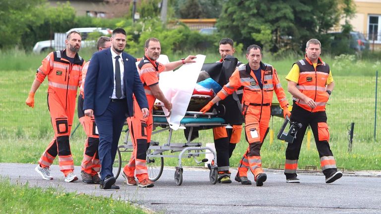 Pic: AP
Rescue workers wheel Slovak Prime Minister Robert Fico, who was shot and injured, to a hospital in the town of Banska Bystrica, central Slovakia, Wednesday, May 15, 2024. (Jan Kroslak/TASR via AP)