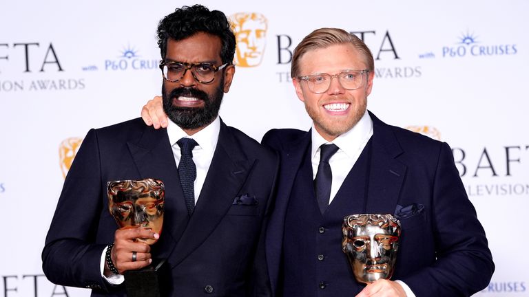 Romesh Ranganathan and Rob Beckett with their comedy entertainment award for Rob & Romesh Vs.. at the BAFTA TV Awards 2024. Pic: Ian West/PA