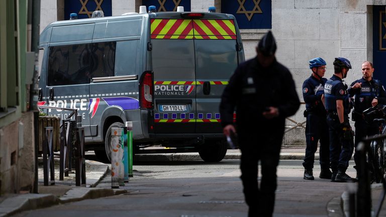 Pic: Reuters
Police officers work after police shot dead an armed man earlier who set fire to the city's synagogue in Rouen, France, May 17, 2024. REUTERS/Gonzalo Fuentes