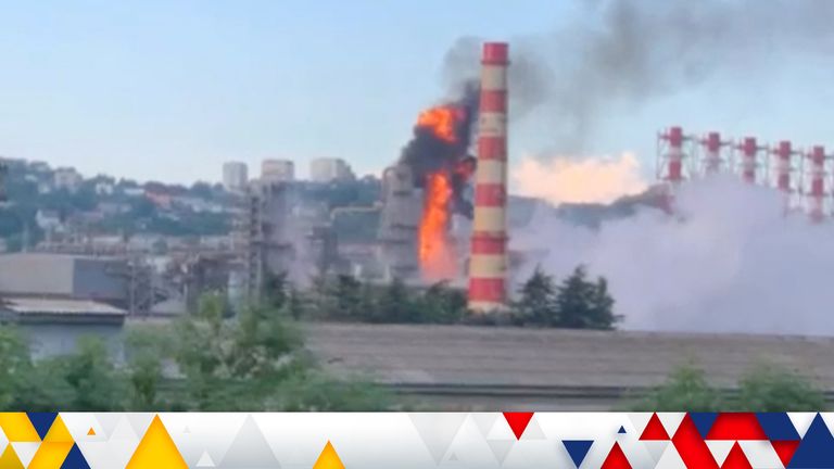 Pic: Reuters
Smoke and fire rise from a refinery after a drone attack in Tuapse, Krasnodar Region, Russia, in this screengrab obtained from a handout video released on May 17, 2024. Video obtained by Reuters/Handout via REUTERS THIS IMAGE HAS BEEN SUPPLIED BY A THIRD PARTY. NO RESALES. NO ARCHIVES
