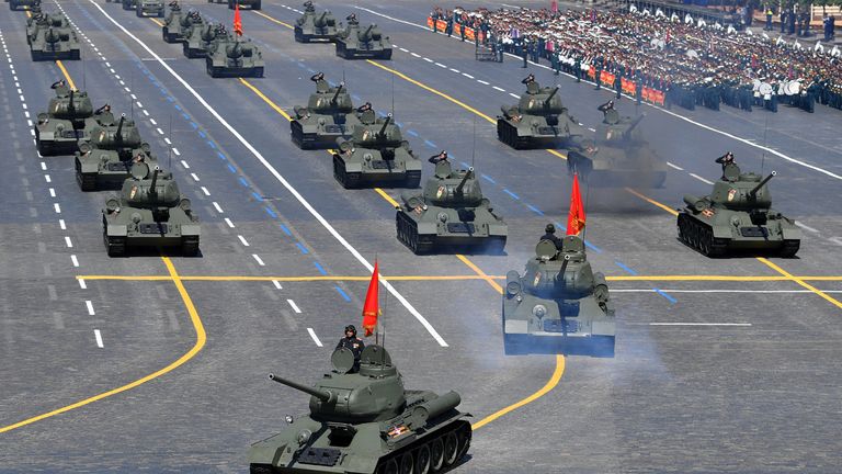 During 2020&#39;s Victory Day parade Russia displayed a large number of tanks - compared to only one in recent years as it fights its war with Ukraine. Pic: Reuters