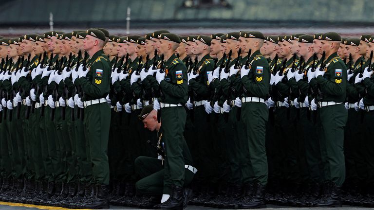 Service members taking part in the Victory Day parade. Pic: Reuters