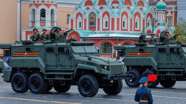 Russian service members ride on Z-STS Akhmat armoured vehicles during a military parade on Victory Day, which marks the 79th anniversary of the victory over Nazi Germany in World War Two, in Red Square in Moscow, Russia, May 9, 2024. REUTERS/Maxim Shemetov