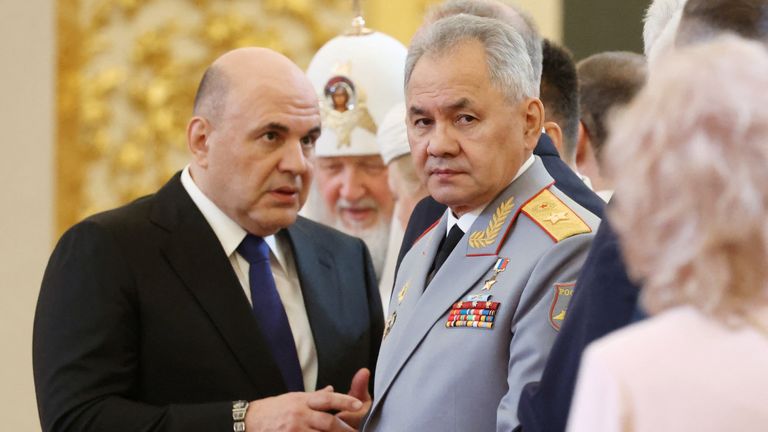 Russian Prime Minister Mikhail Mishustin and Defence Minister Sergei Shoigu wait before a ceremony inaugurating Vladimir Putin as President of Russia at the Kremlin in Moscow, Russia May 7, 2024. Sputnik/Alexander Kazakov/Pool via REUTERS ATTENTION EDITORS - THIS IMAGE WAS PROVIDED BY A THIRD PARTY.

