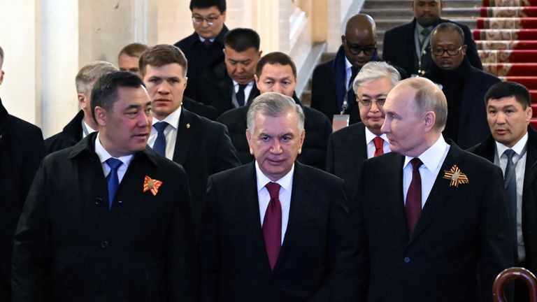 Vladimir Putin (right) with Uzbek President Shavkat Mirziyoyev (centre), Kazakh President Kassym-Jomart Tokayev (middle right) and Kyrgyz President Sadyr Japarov (left). Pic: Reuters