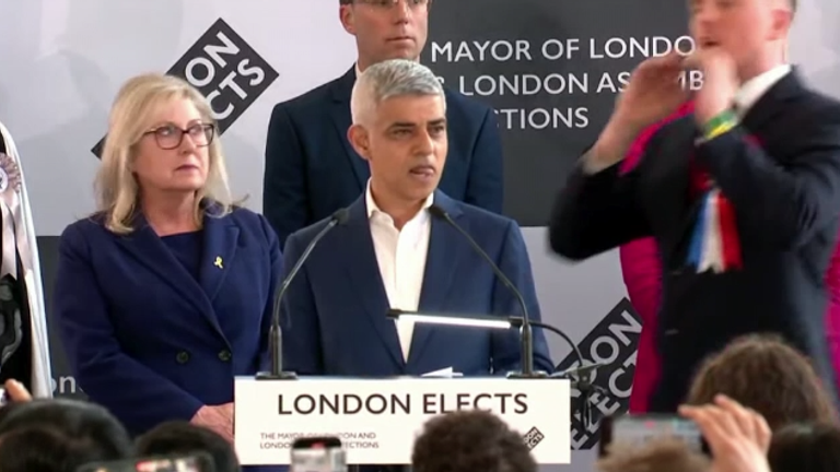 Re-elected London mayor heckled by the Britain First candidate at the election declaration