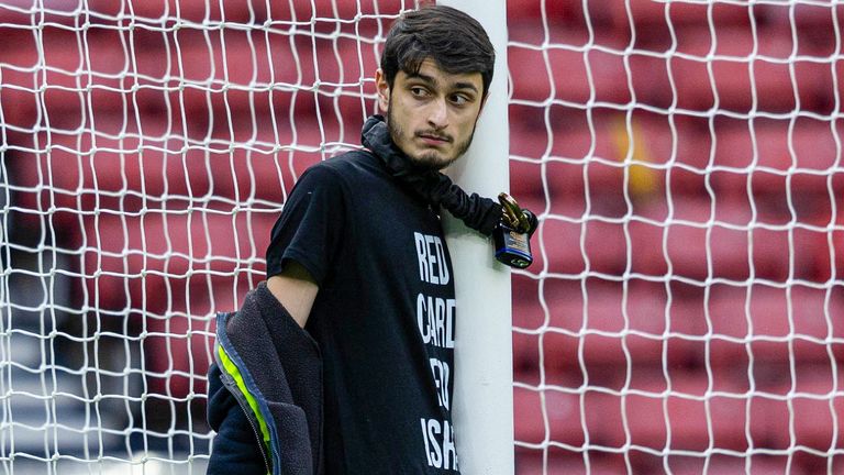 Protester locked himself to the goal post in protest against Israel during a Euros qualifier between Scotland and Israel at Hampden Park, on May 31, 2024, in Glasgow, Scotland. Pic: SNS Group