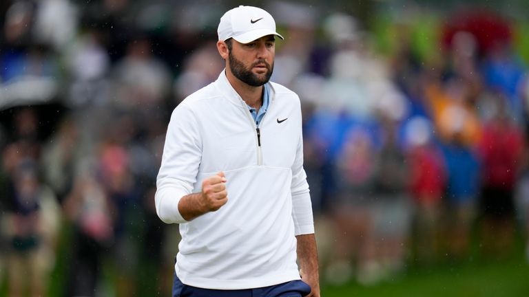 Scottie Scheffler celebrates after a birdie on the 12th hole during the second round of the PGA Championship golf tournament at the Valhalla Golf Club, Friday, May 17, 2024, in Louisville, Ky. Pic: AP 