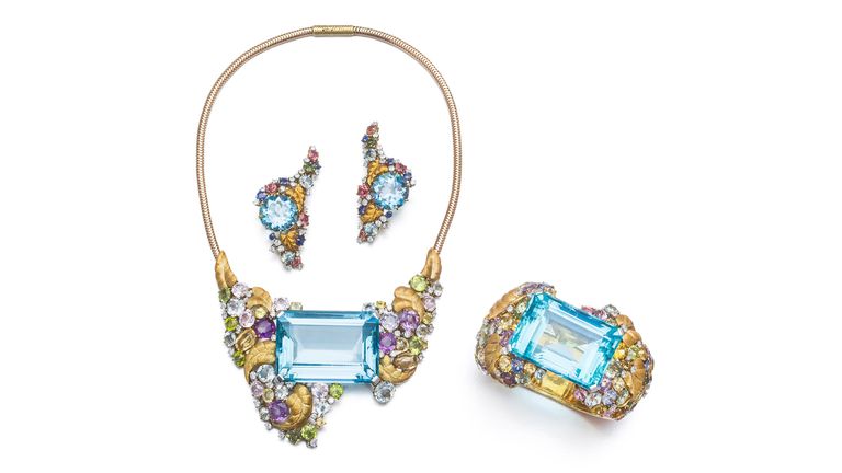 Undated handout photo issued by Sotheby's of Dame Shirley Bassey's aquamarine, sapphire, diamond and gemset set, estimated to sell for between 60,000 and 70,000 EUR at Sotheby's, Paris, on October 10. Highlights from the collection will be exhibited in Sotheby's, London, from May 24 to 29 before it exhibits in Paris from October 4 prior to the live auction. Issue date: Wednesday May 8, 2024. PA Photo. See PA story SALE Bassey. 