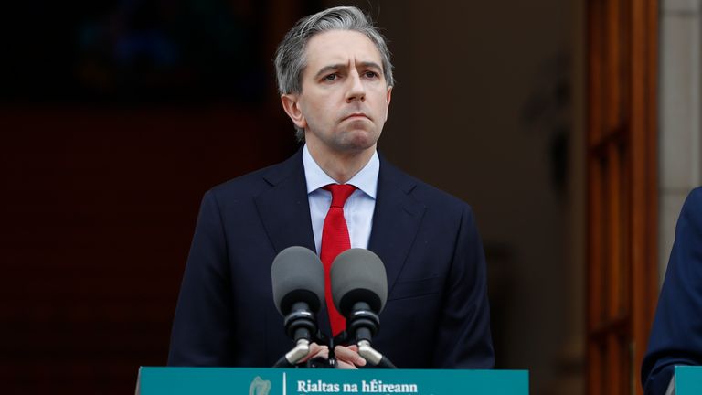 Taoiseach Simon Harris speaking to the media during a press conference outside the Government Buildings, Dublin, as the Republic of Ireland recognised the state of Palestine. Picture date: Wednesday May 22, 2024.