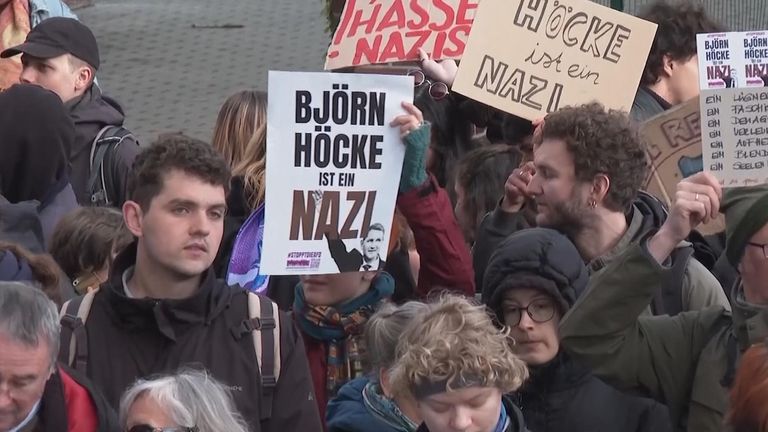 Protestors against AfD&#39;s Björn Höcke outside a courtroom where he is on trial for using a Nazi slogan