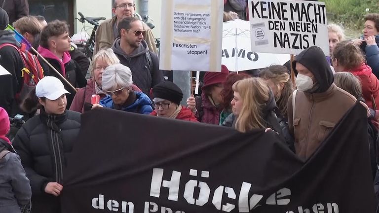 Protestors against AfD&#39;s Björn Höcke outside a courtroom where he is on trial for using a Nazi slogan