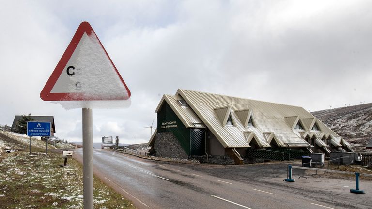 Snow-covered sign alongside the A939 at the Lecht Ski Centre in Aberdeenshire as wintry weather made a comeback in the Scottish Highlands.